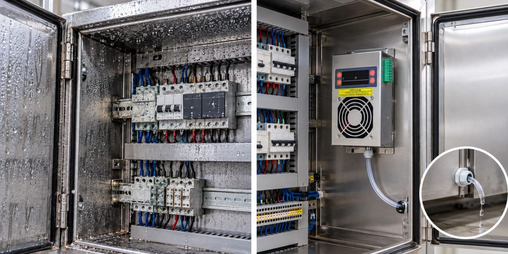 Cabinet dehumidifier for the food industry mounted inside a stainless control panel with drain tube routed outside the enclosure
