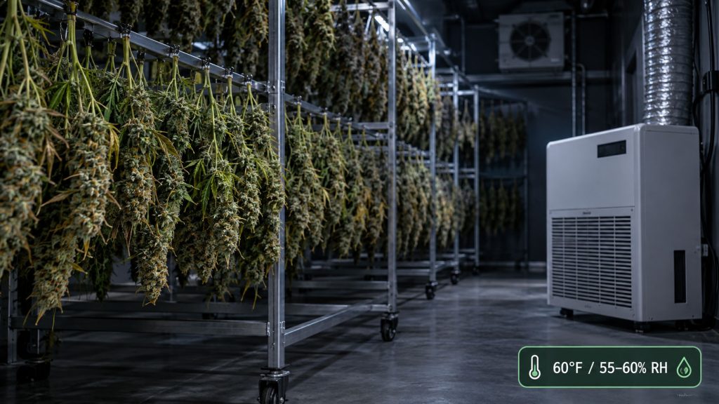 Dehumidifier for drying cannabis installed beside hanging racks in a cool drying room