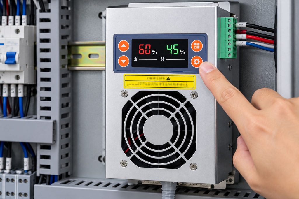 Electrical cabinet dehumidifier display showing humidity and set points