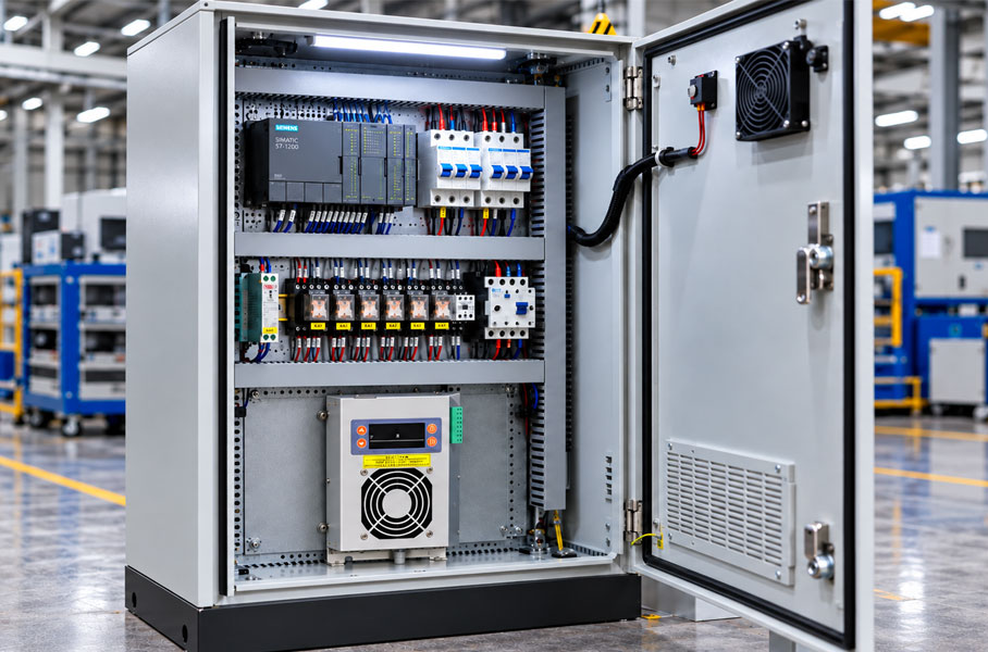 Electrical cabinet dehumidifier installed in the lower half of an industrial control cabinet