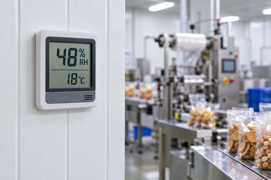 Wall-mounted hygrometer reading 48% RH in a food packing room, illustrating food plant humidity levels by zone