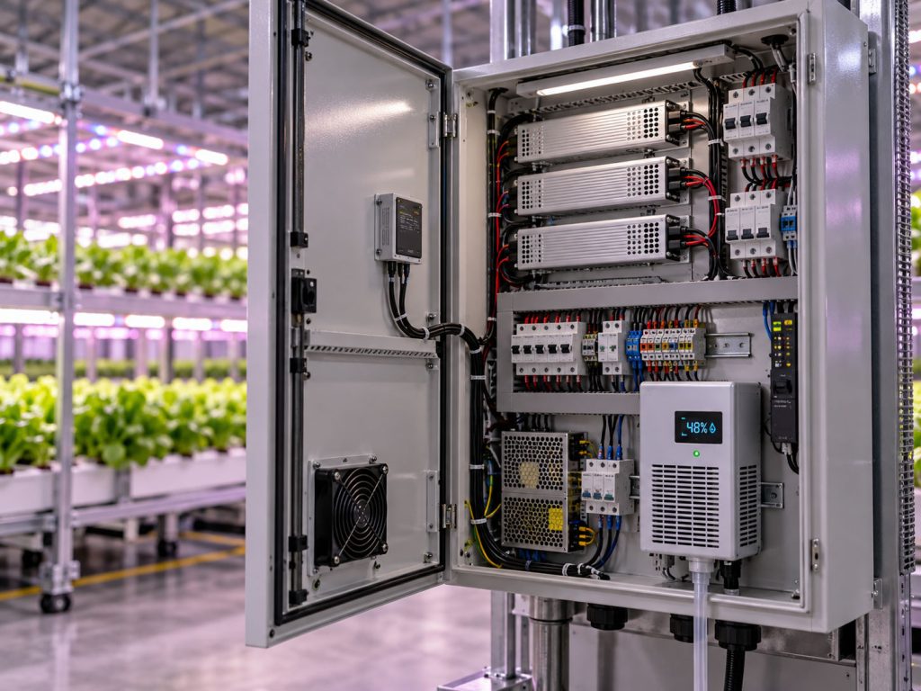 Cabinet dehumidifier installed inside a lighting controller panel in a grow facility
