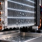 Water droplets condensing on the cold heat sink of a cabinet dehumidifier, showing how dehumidifiers work