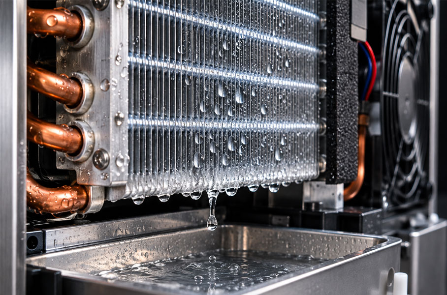 Water droplets condensing on the cold heat sink of a cabinet dehumidifier, showing how dehumidifiers work