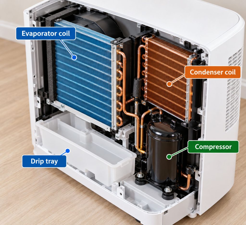Compressor dehumidifier opened to show evaporator coil, condenser coil and drip tray