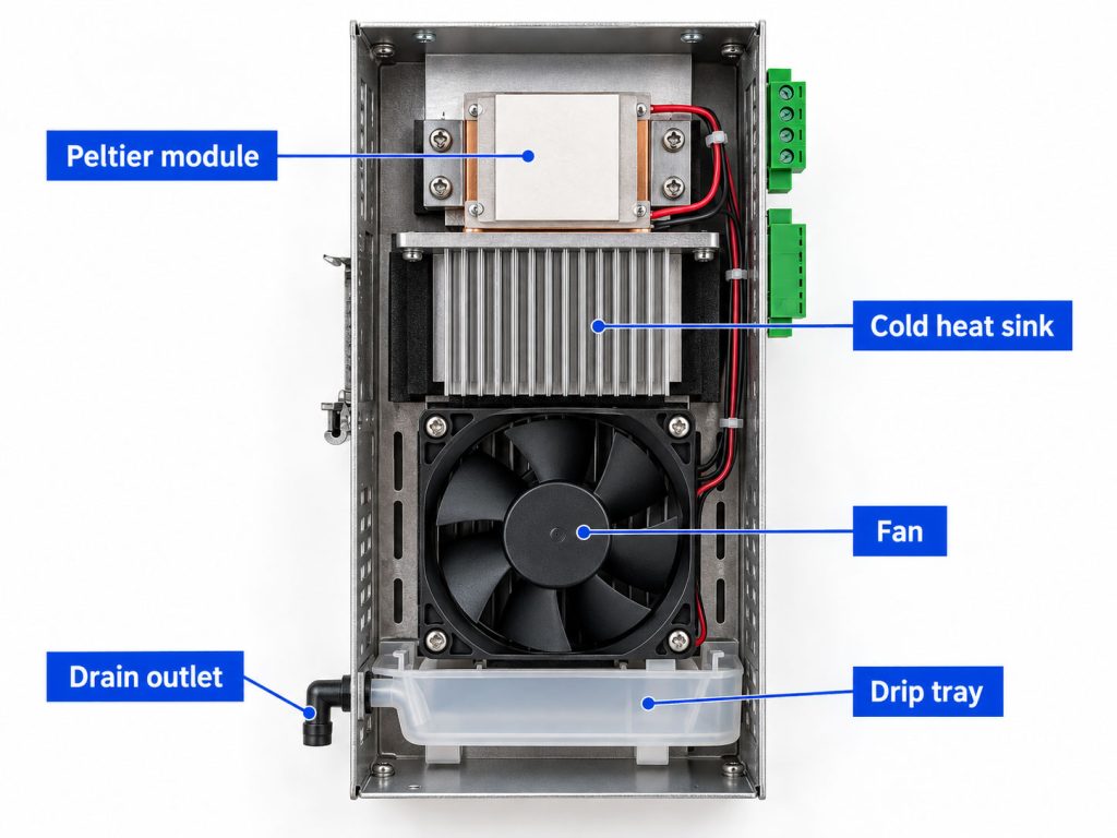 Thermoelectric cabinet dehumidifier opened to show Peltier module, cold heat sink, fans and drain outlet