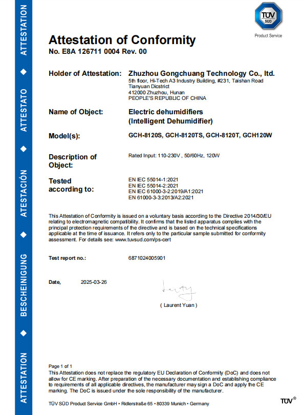 TÜV SÜD EMC Directive attestation for GCH-8120 series dehumidifier